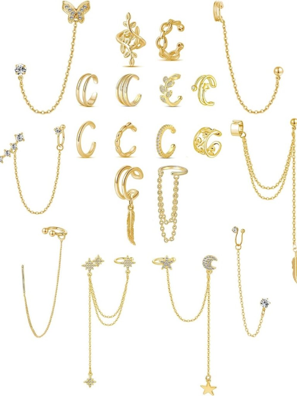 20Pcs Adjustable Ear Cuff Earrings Set - Helix Cartilage Dangle Chain Wraps for